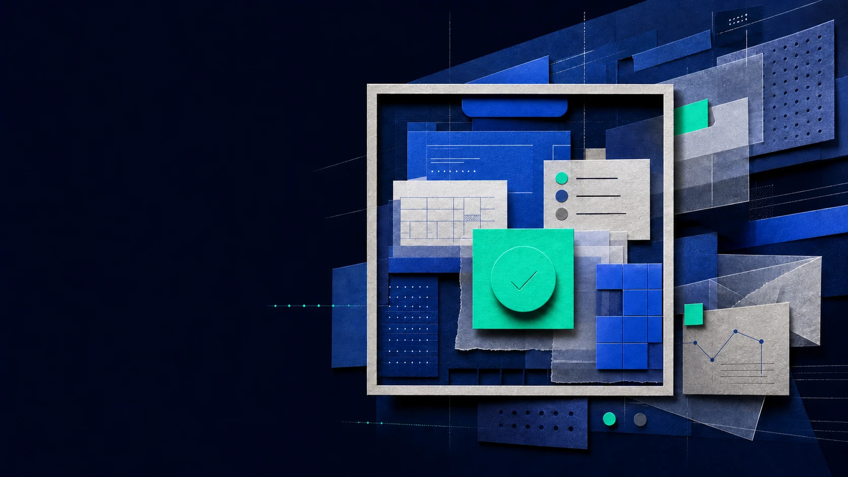 A stable white frame containing composed blue interface modules and a teal approval control.