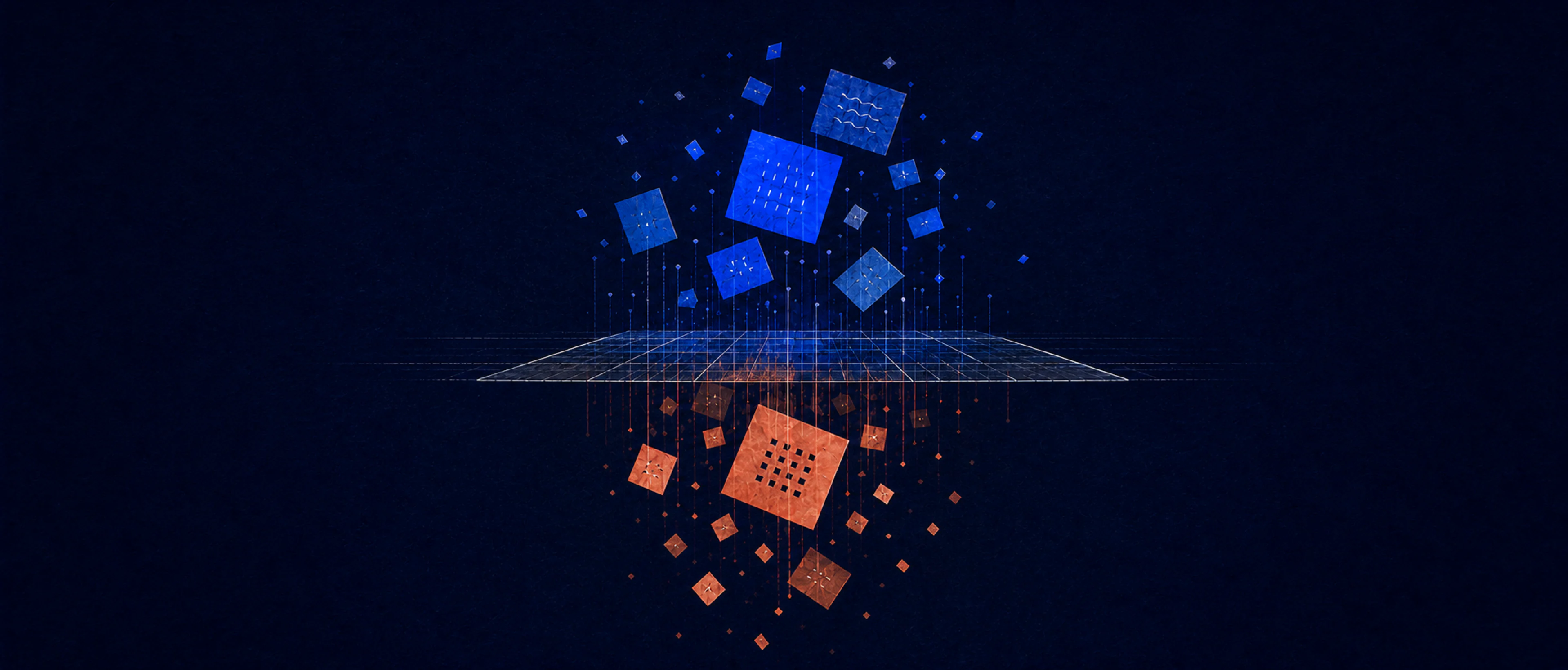 Blue paper fragments rise above a measurement plane while coral fragments fall below it, visualizing the gap between expected and measured AI speed.