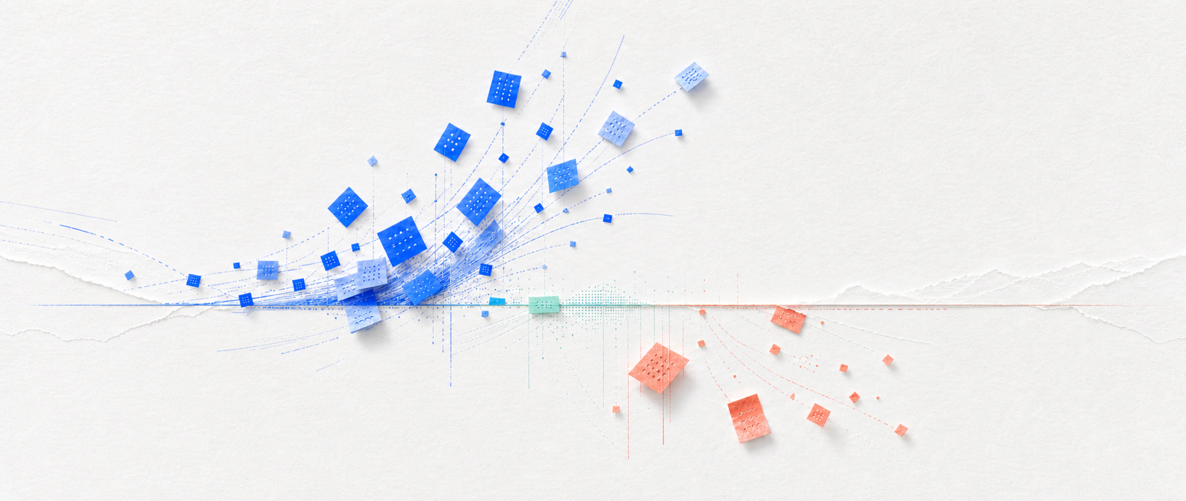 Cobalt paper fragments surge above a calibration line while coral fragments drift below it, contrasting felt acceleration with measured slowdown.