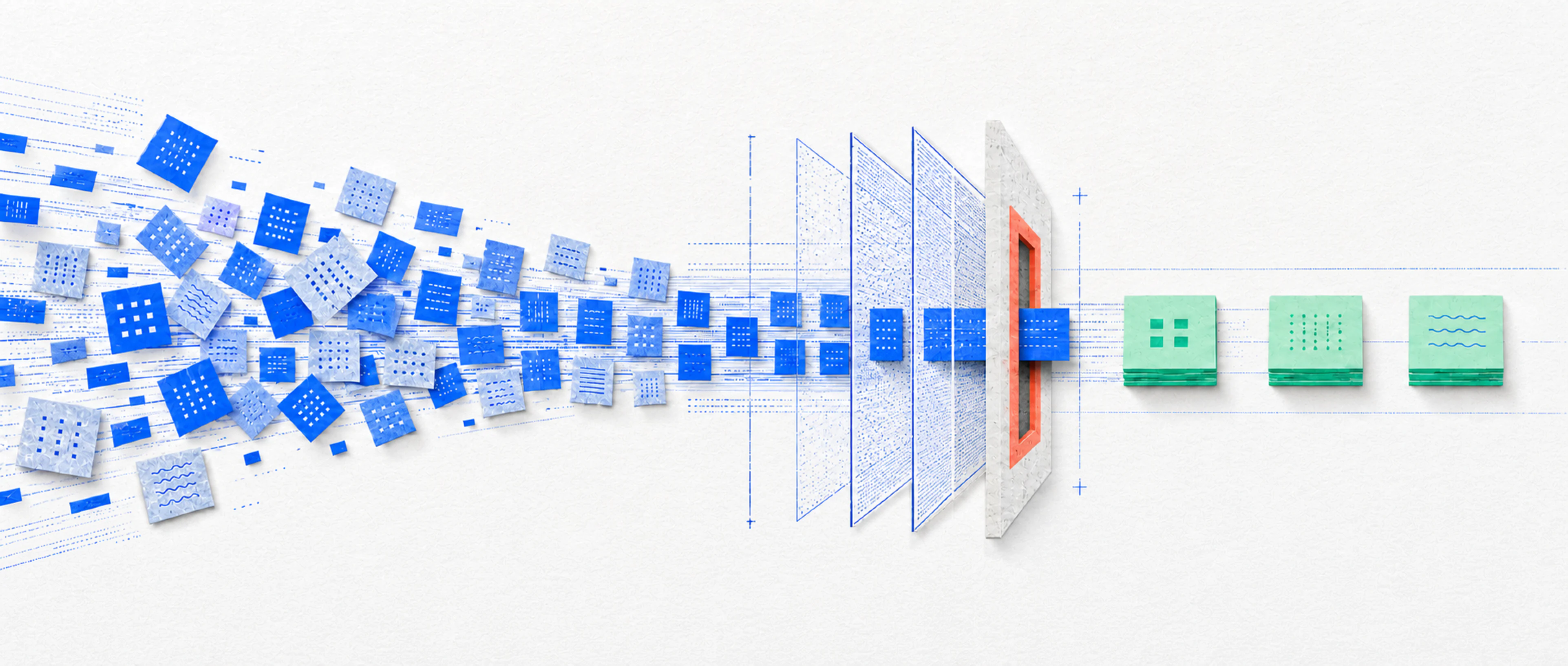 Blue work artifacts cross a pale paper field, gather through centered review screens and a narrow coral checkpoint, then emerge as three mint-green finished objects.